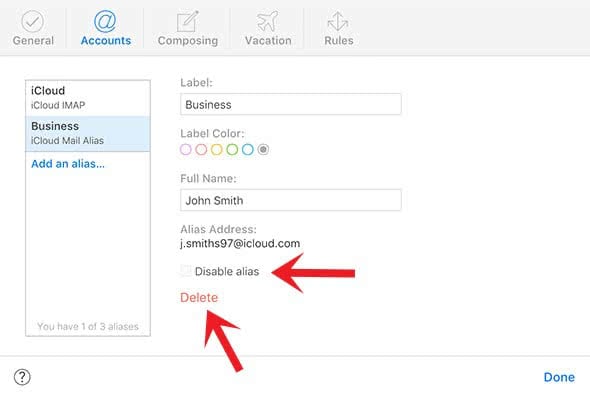 Deactivate or delete alias from your iCloud Mail