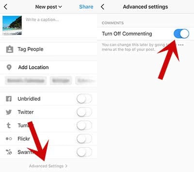 Turn off commenting on new posts to Instagram