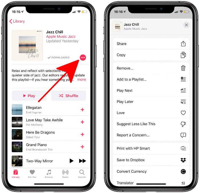 Settings menu in Apple Music