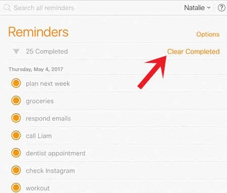 Clear all completed reminders of this list on icloud.com