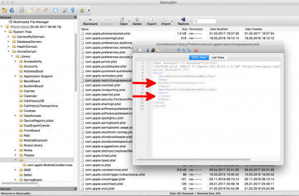 Find the encrypted values for the restriction passcode