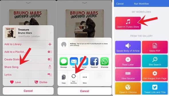 Directly open iTunes from Apple Music to buy a song or album with Workflow
