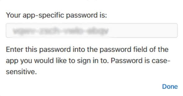 Generated app-specific password: Ready to copy and paste