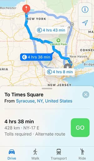 Alternative routes on Apple's Maps app