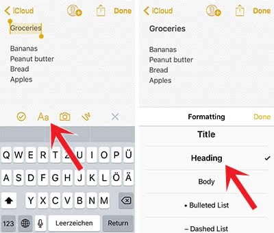 Create headings and titles in Notes app