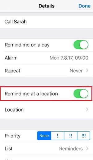 Turn on "Remind me at a location"