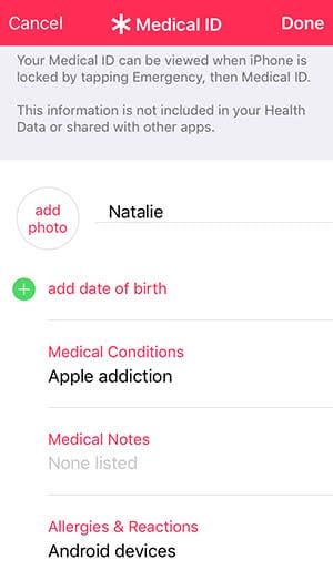 Fill out the information for your Medical ID in the Health app on iPhone