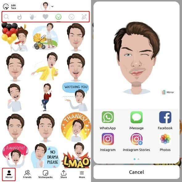 Choose and share your own Emoji in Mirror app on iPhone