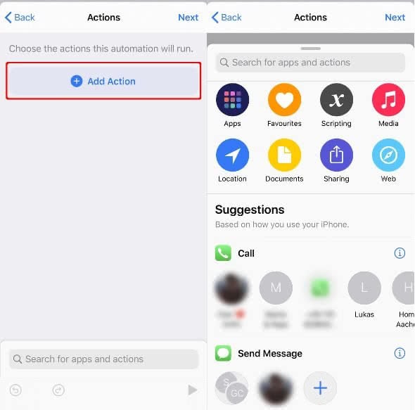 Toque en "Añadir acción" en la app de accesos directos"Add Action" in the Shortcuts app