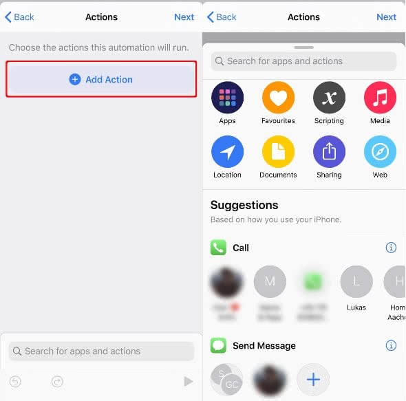 Tapa em "Adicionar Acção" no atalho app"Add Action" in the Shortcuts app