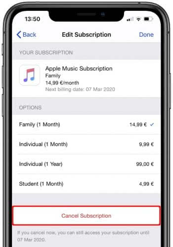 Cancel subscription in the Settings app on iPhone