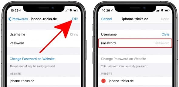Change saved password on iPhone