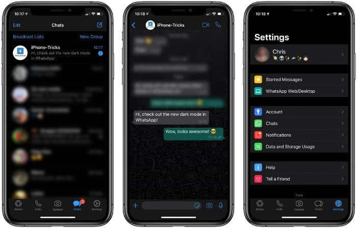 WhatsApp dark mode on iPhone