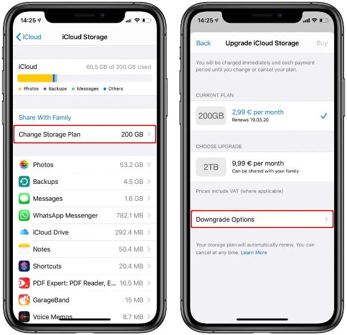 Change iCloud storage plan on iPhone