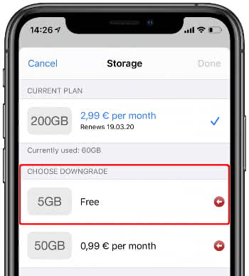 Downgrade iCloud storage on iPhone