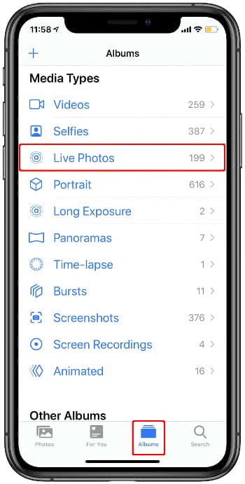Live Photos section in the Photos app