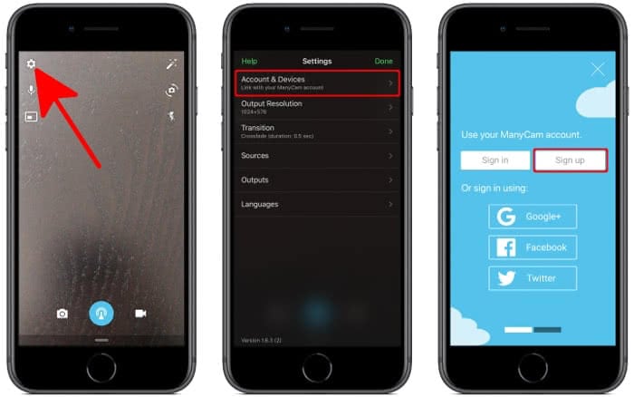 Create a ManyCam account on the iPhone