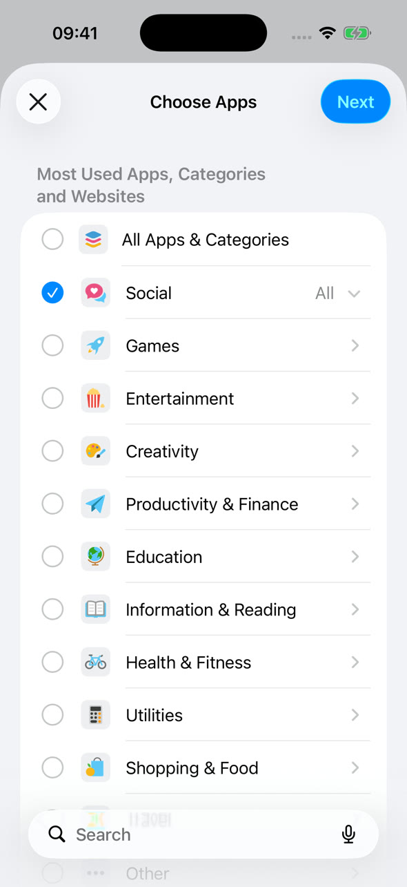 Choosing the Social category for an App Limit on iPhone