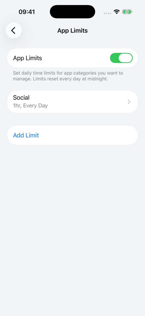 App Limits list on iPhone showing a one-hour limit for Social apps