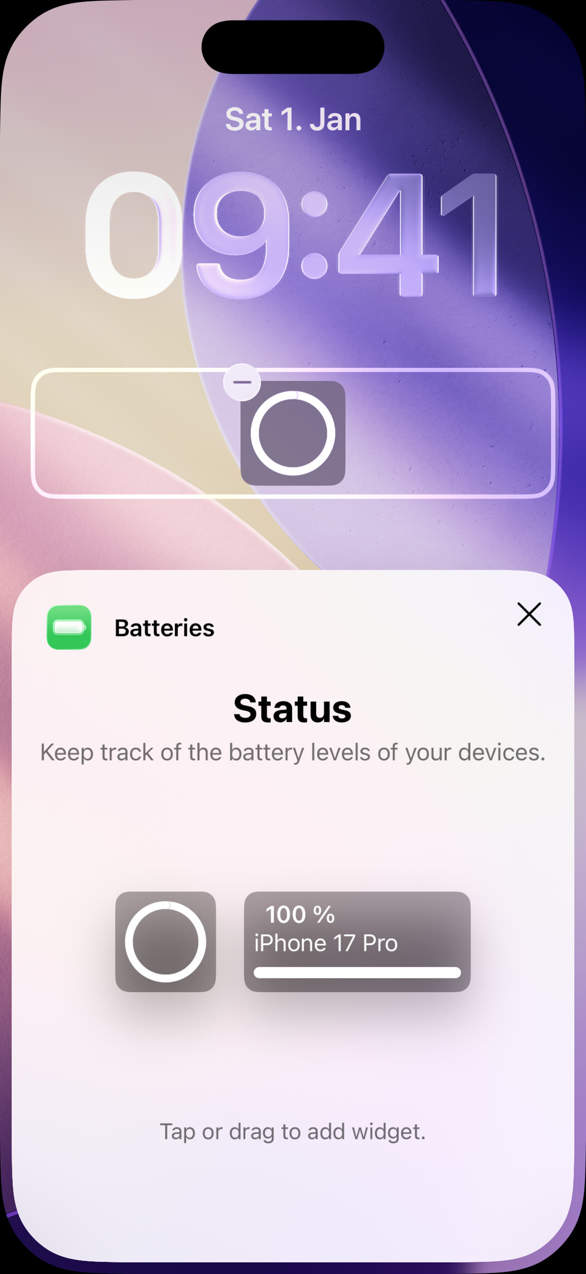 Choosing the Batteries widget for the iPhone Lock Screen