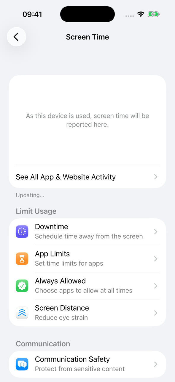 Screen Time settings on iPhone with Downtime, App Limits and Always Allowed
