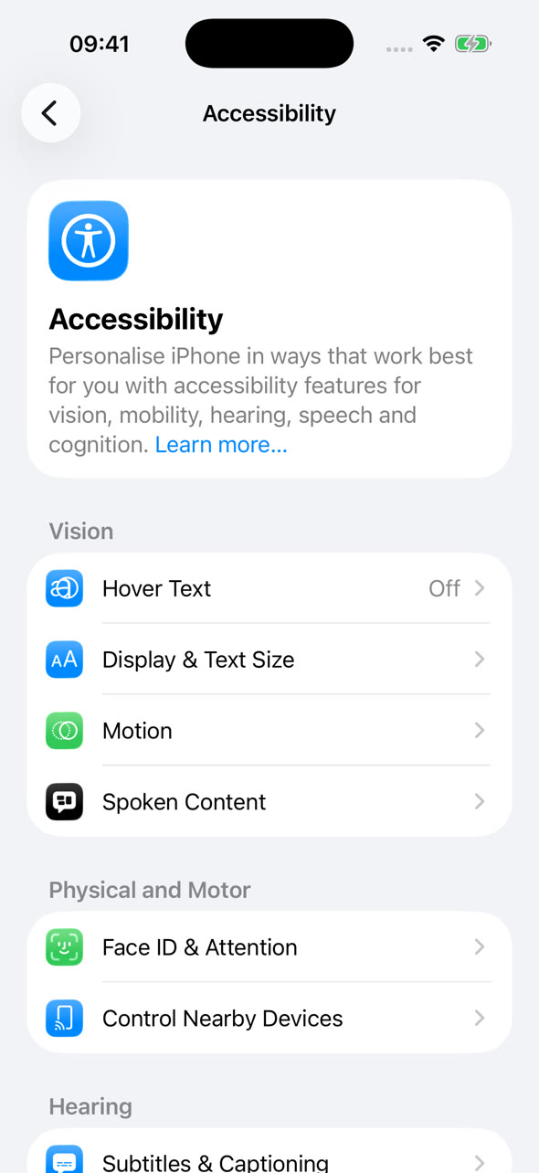 Accessibility settings on iPhone with the Display & Text Size option